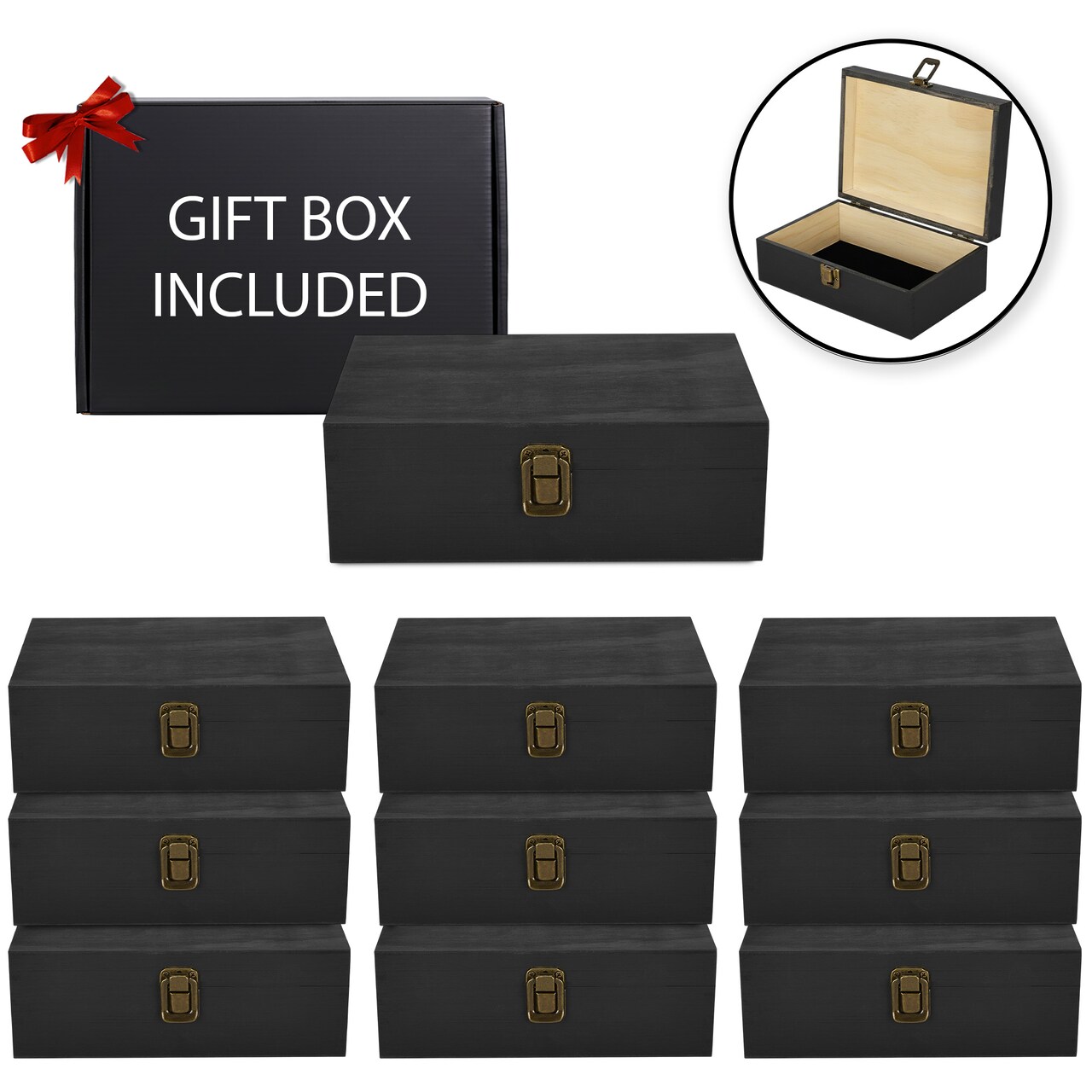 Makerflo Medium Pine Wood Memory Box with Black Felt Inside and Hinged with Clasp of Front, Keepsake Wooden Box Ideal for Craft and Personalization (Laser Engraving, Epoxy, UV DTF, and Vinyl)
